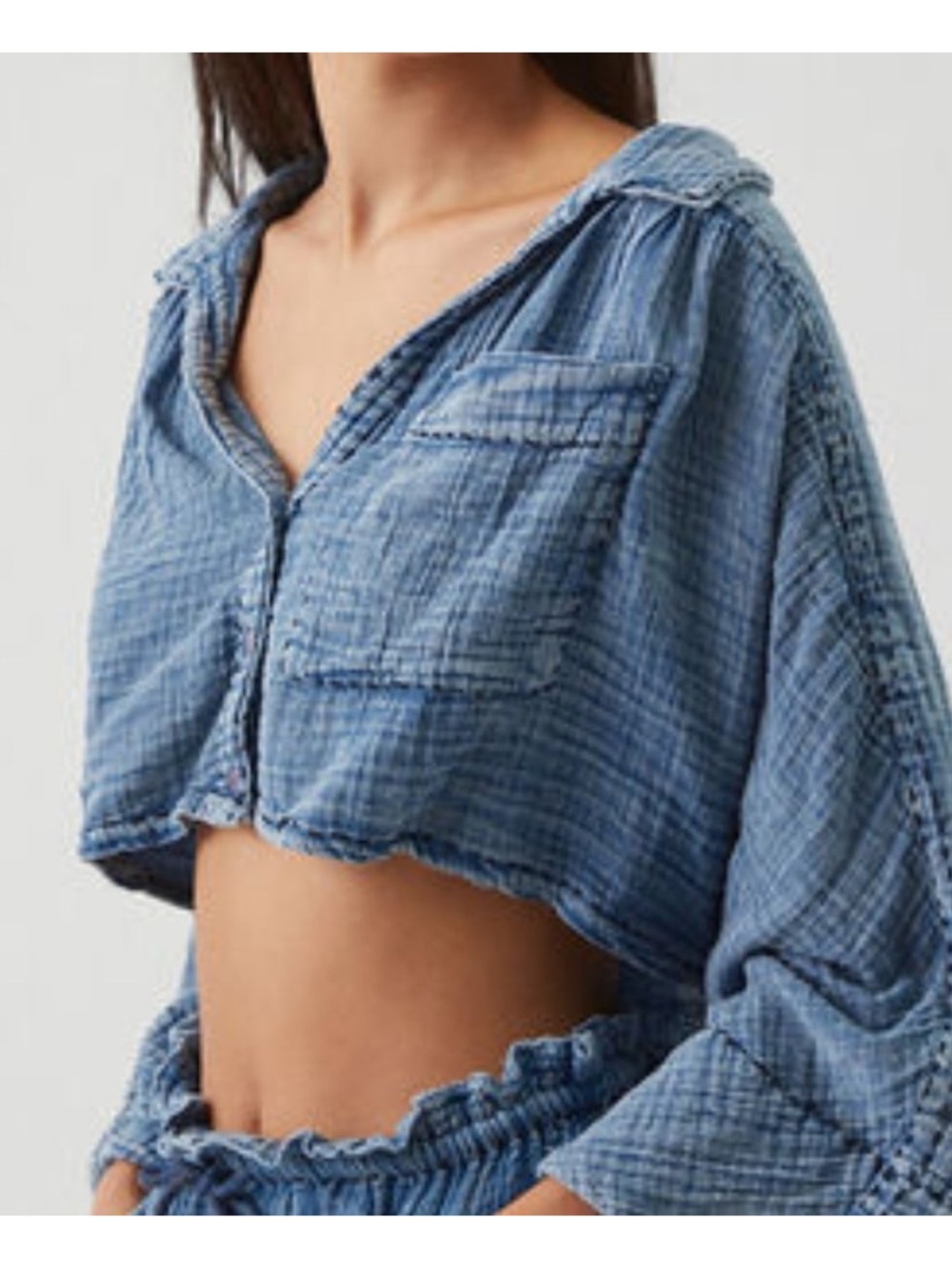 Free People Elora Top Cropped Blue Button Front Long Sleeve Size Small